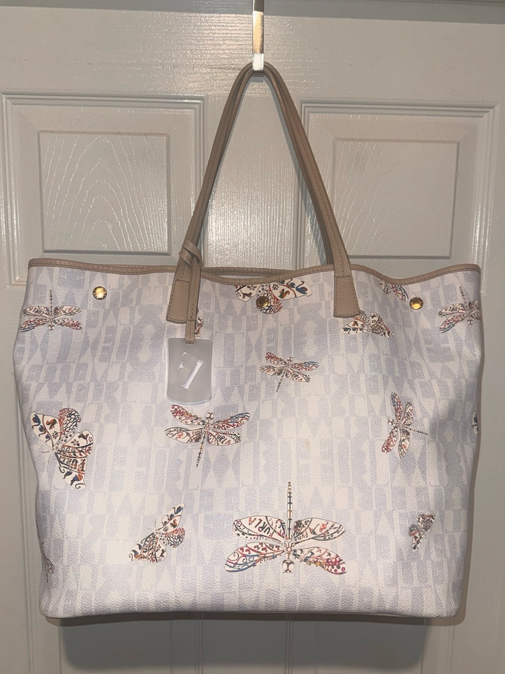 Furla White Dragonfly Print Tote with Beige Trim. Made in Italy